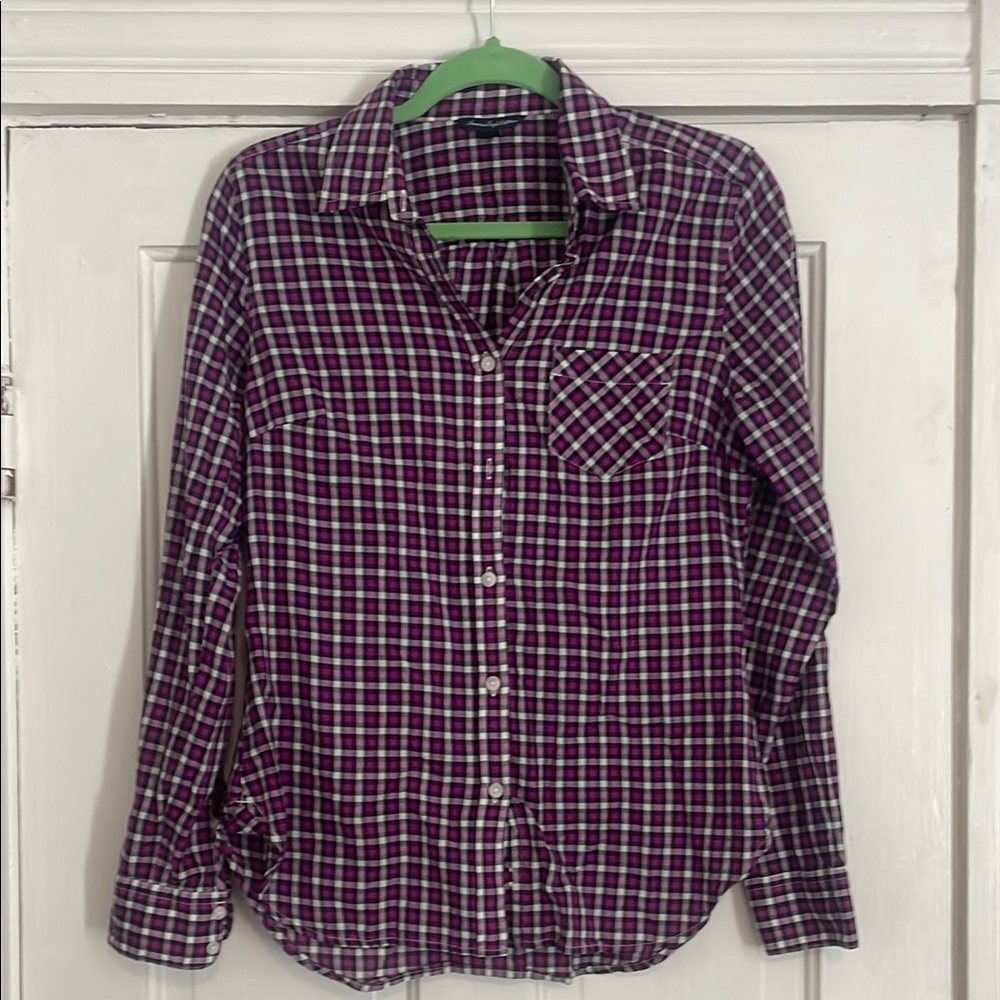American Eagle Outfitters Purple and White Checkered Shirt